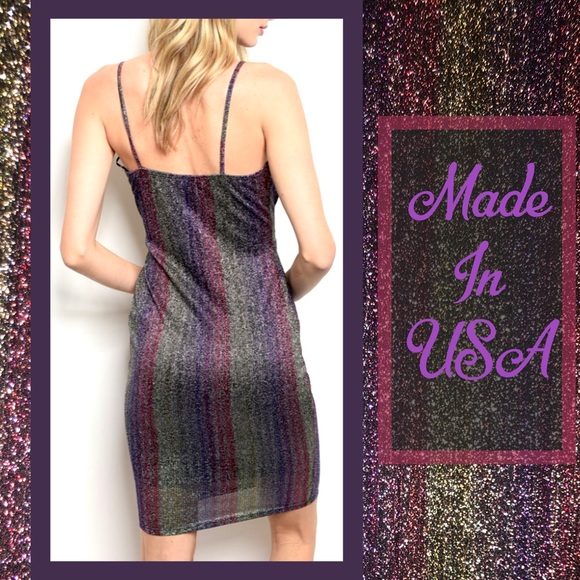 Rainbow Striped Metallic Bodycon V Neck Mini Rave - Picture 6 of 8
